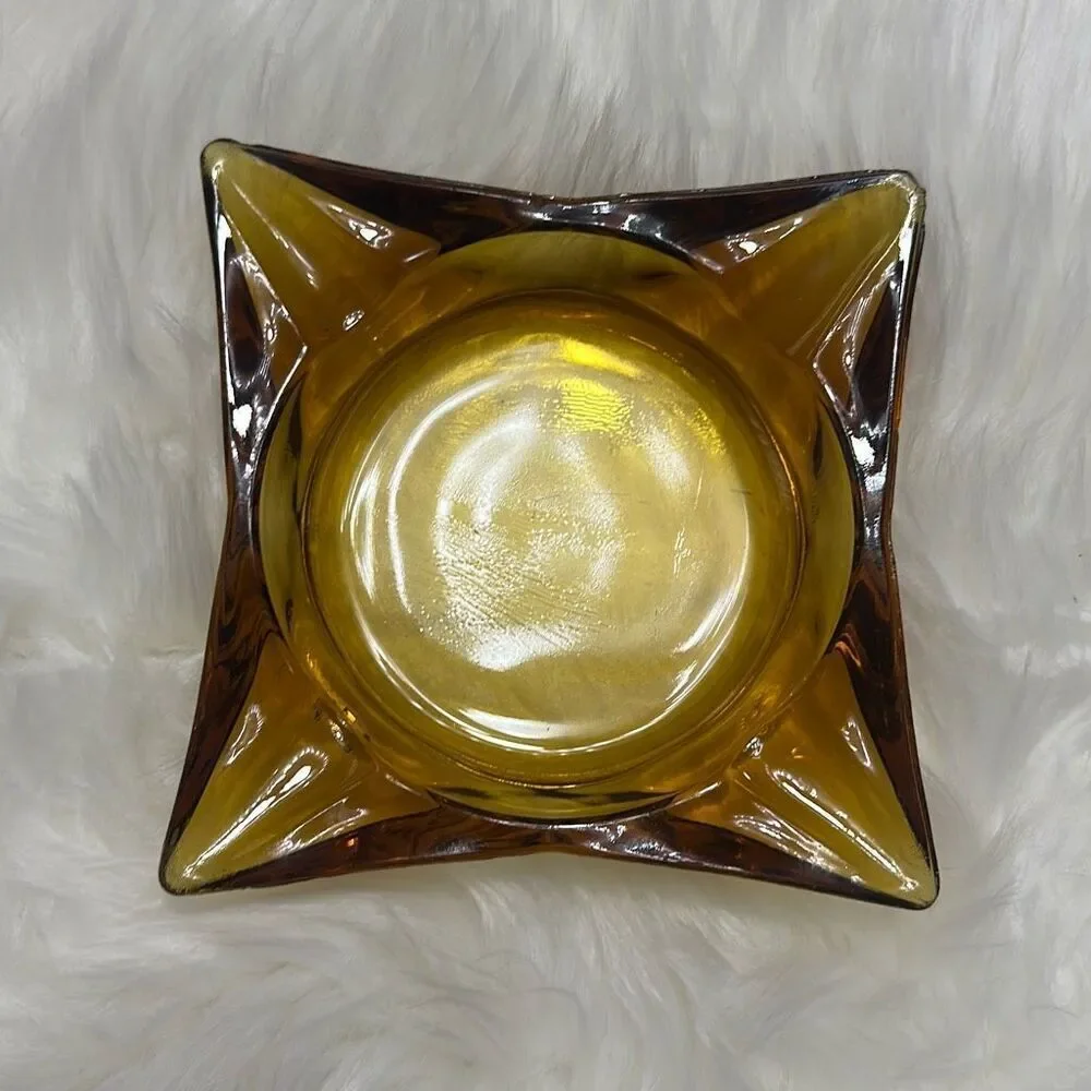 Vintage Retro Pointed Square Yellow Glass Ashtray Mid-Century Modern